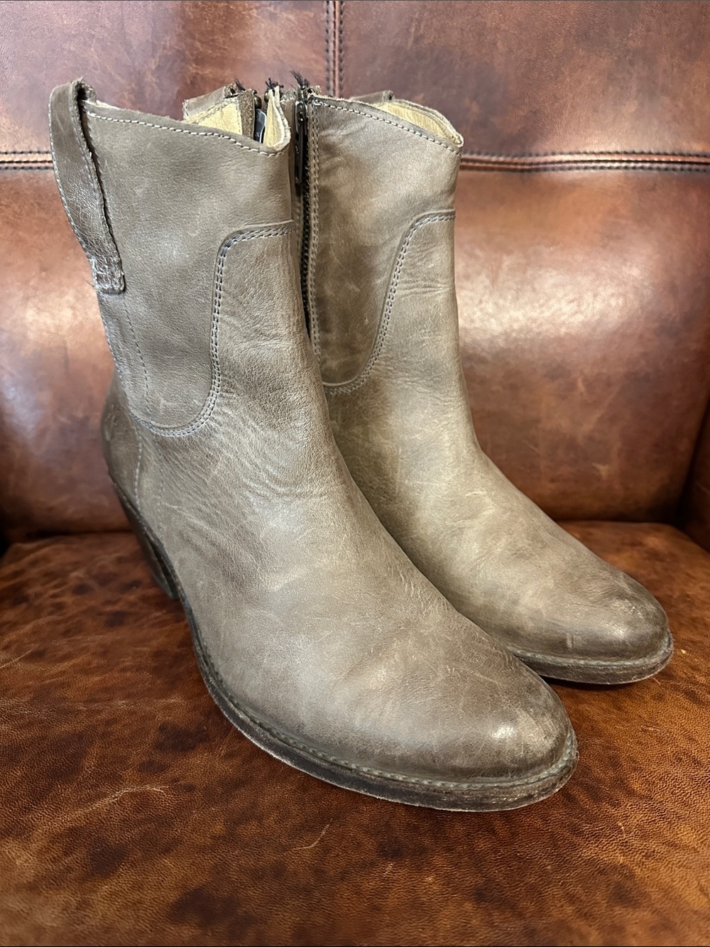 Frye Taupe Leather Ankle Booties with Side Zip